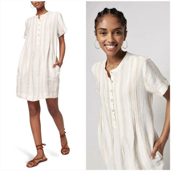 Faherty Gemina 100% Linen Dress SM Vallerta Stripe Pullover Casual Dress Pockets - Picture 1 of 16